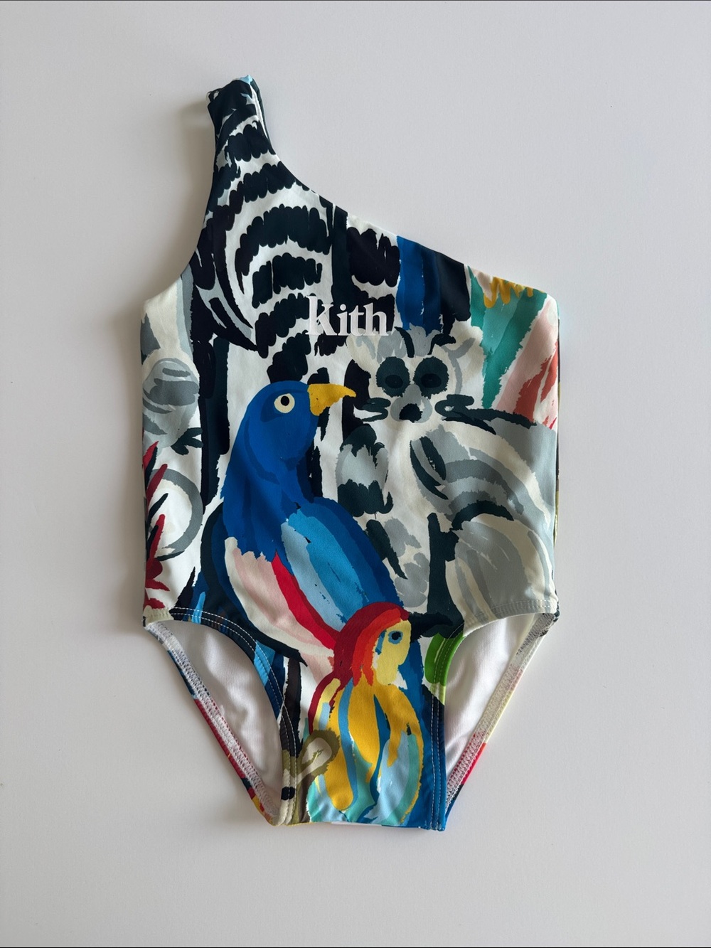 Kith Kids One-Shoulder Parrot Print Swimsuit - Blue, Yellow, Red, Green
